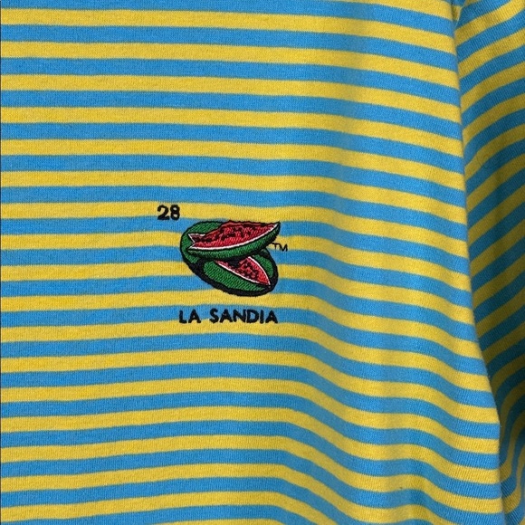 Forever 21 Shirt Mens Large Blue Yellow Loteria Don Clemente La Sandia Striped - Picture 3 of 5